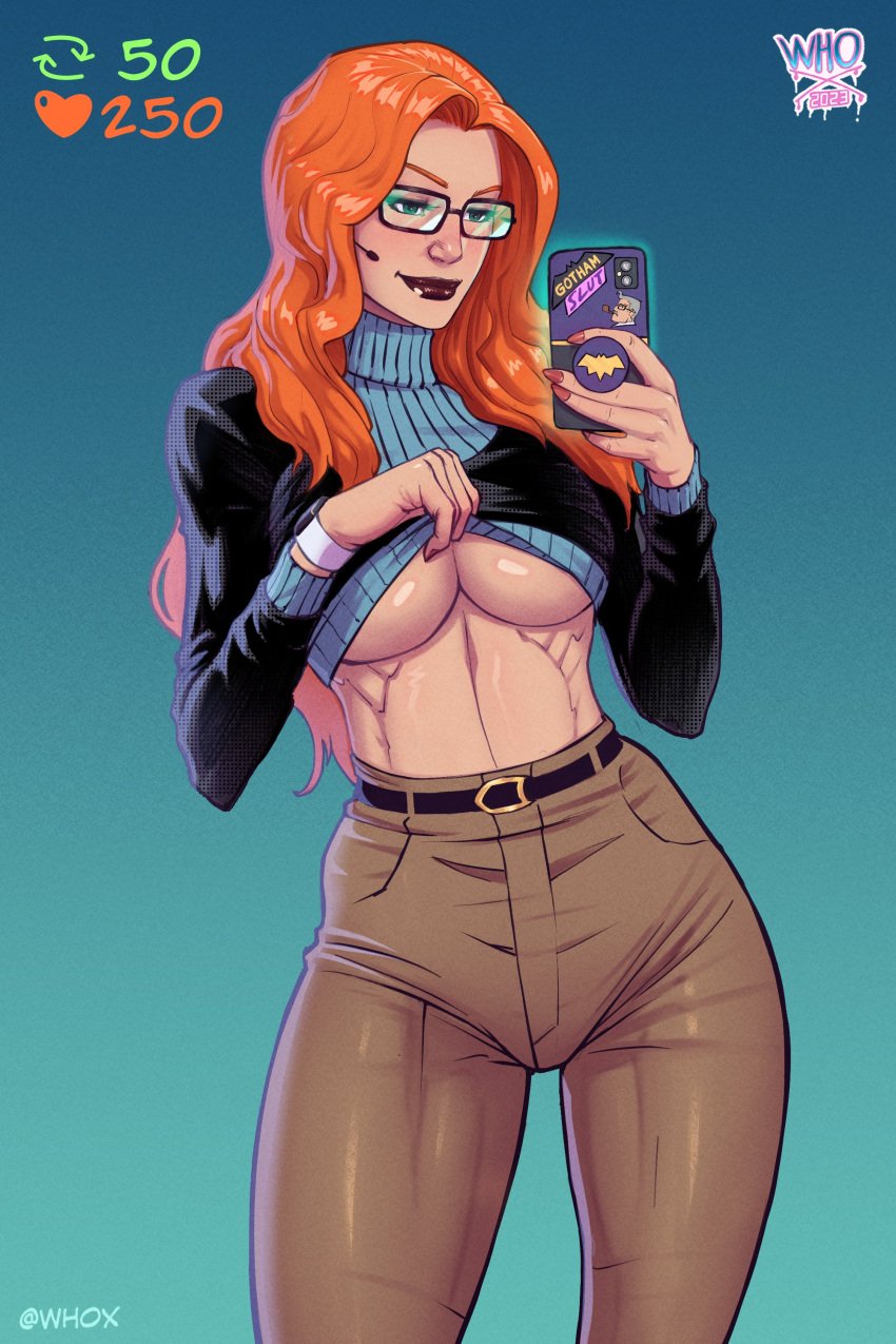 1girls barbara_gordon batman_(series) big_breasts dc dc_comics female female_only glasses large_breasts lifting_shirt oracle orange_hair phone selfie solo strip_meme underboob whox