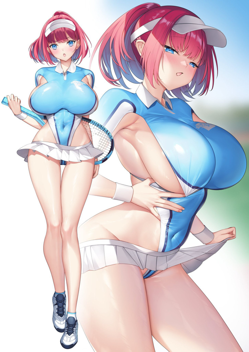 ankle_socks anklehighs arrow_(tamawo222) bangs blue_eyes blue_leotard blush breasts clothes_lift covered_navel female highleg highleg_leotard holding huge_breasts large_breasts leotard looking_at_viewer microskirt multiple_views open_mouth pink_hair pleated_skirt ponytail racket red_hair shoes short_hair sideboob skirt sneakers socks socks_and_shoes sportswear teasing teasing_breasts teasing_viewer tennis_racket tennis_uniform thighs visor_cap white_socks