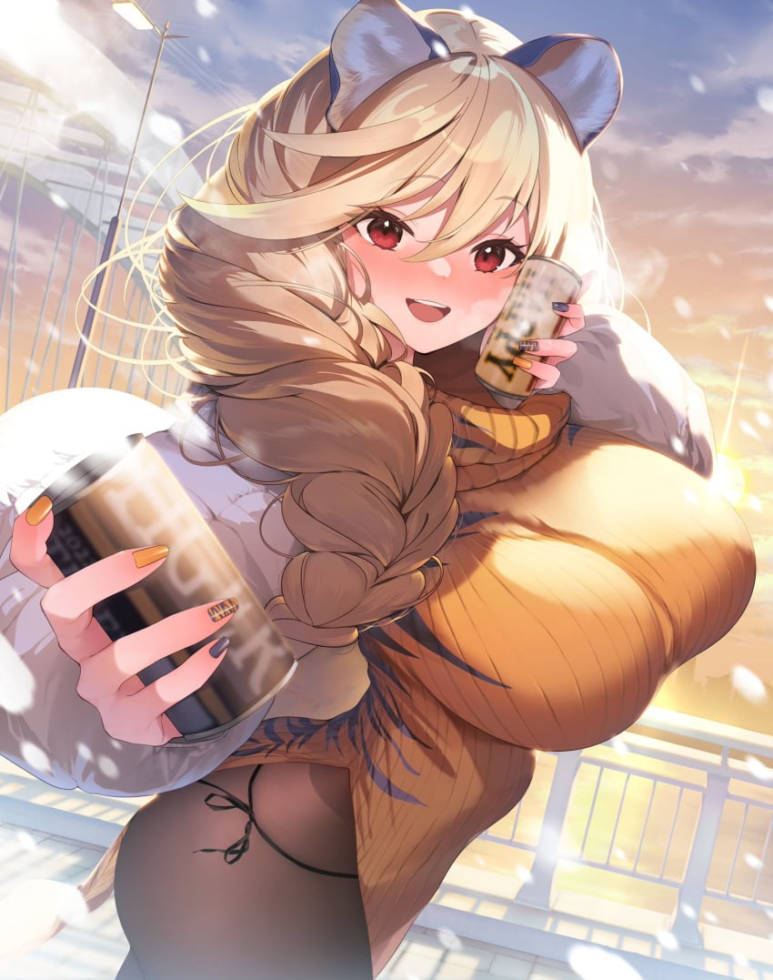 1girls animal_ears arrow_(tamawo222) bangs blonde_hair blush braid braided_ponytail breasts can female hair_between_eyes hair_over_shoulder holding holding_can huge_breasts large_breasts light-skinned_female light_skin long_hair long_sleeves looking_at_viewer nail_polish offering open_mouth original outdoors panties pantyhose red_eyes side-tie_panties single_braid smile snow snowing solo sweater teeth tiger_ears tiger_print underwear warming_up