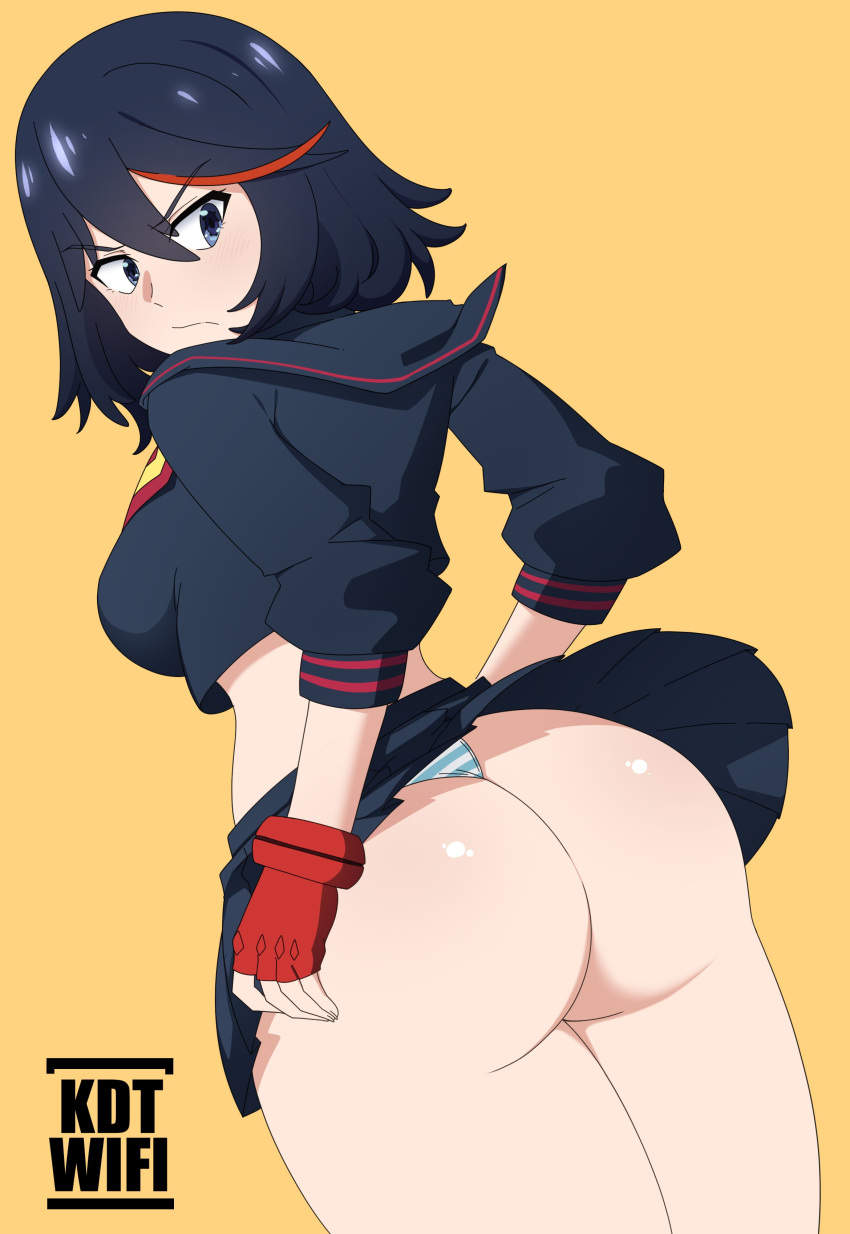 1girls ass ass_focus back_view bell_haircut black_hair blush blushing booty breasts female female_only frown kdtwifi kill_la_kill matoi_ryuuko panties red_highlights school_uniform senketsu skirt_lift solo thong unhappy_female watermark yellow_background