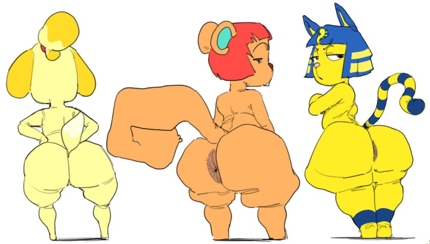 3girls animal_crossing ankha anus ass dustedburger female female_focus female_only hazel_(animal_crossing) isabelle_(animal_crossing) multiple_girls nintendo nude thick_thighs thighs white_background wide_hips