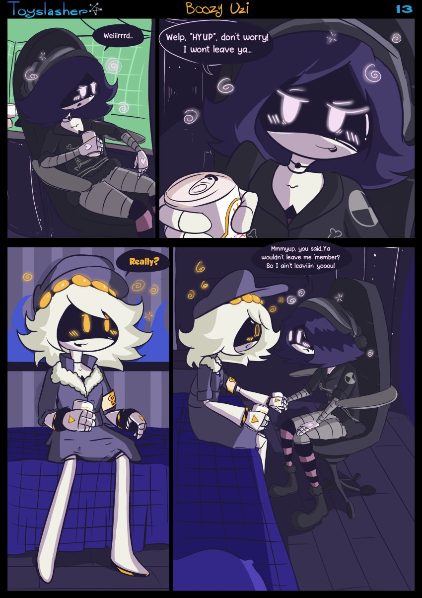 boozy_uzi comic comic_page glitch_productions murder_drones n_(murder_drones) newgrounds page_13 panels robot robot_boy robot_girl sfw toyslasher twitter uzi_(murder_drones)