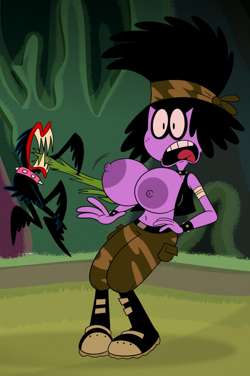 1girls 4_fingers army_pants big_breasts black_hair black_vest bounty_hunter breasts collar disney_channel emily_ripov female female_only nipples purple_body ripped_clothing sb99 scobionicle99 sharp_teeth wander_over_yonder