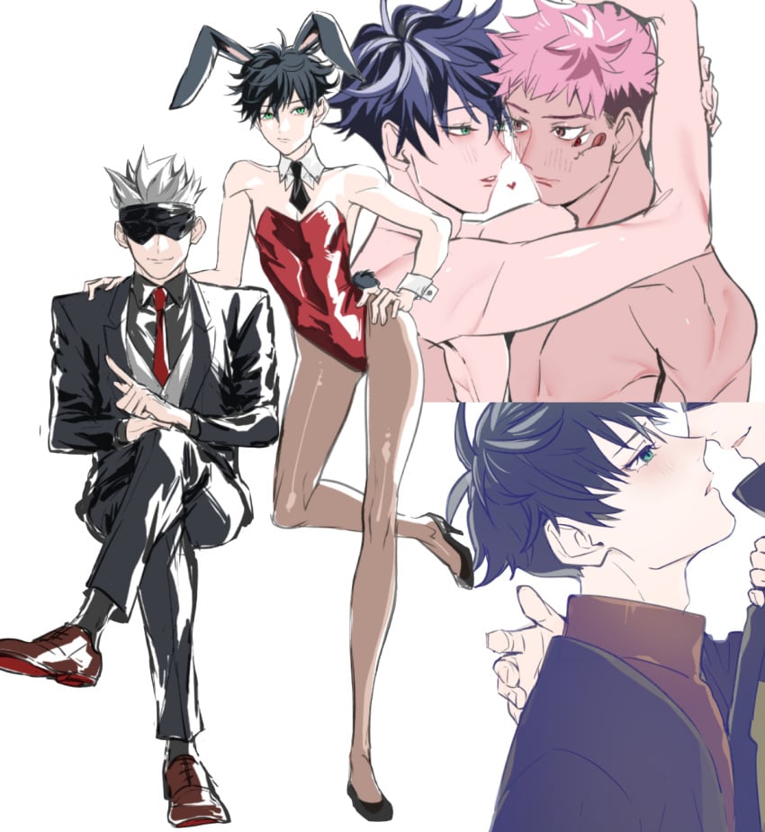 3boys blindfold bunny_boy bunny_ears bunnysuit femboy fushiguro_megumi green_eyes high_heels iinikukuiita itadori_yuuji jujutsu_kaisen male male/male male_focus male_only multiple_boys pink_hair ryoumen_sukuna_(jujutsu_kaisen) satoru_gojo shirtless_male skinny_male suit twink yaoi