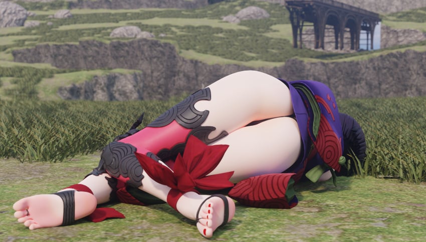 1girls 3d ass dkclaude3d faint fate/grand_order fate_(series) female female_only heroine_in_trouble kimono on_side oni oni_horns short_hair shuten_douji_(fate) solo