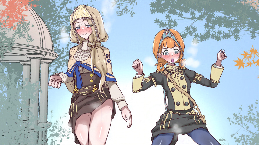 2girls akanko annette_fantine_dominic atomic_wedgie blonde_female blonde_hair blue_eyes blue_panties blush embarrassed female female_only fire_emblem fire_emblem:_three_houses garreg_mach_monastery_uniform heavy_blush mercedes_von_martritz multiple_girls nintendo orange_hair panties wedgie yellow_panties