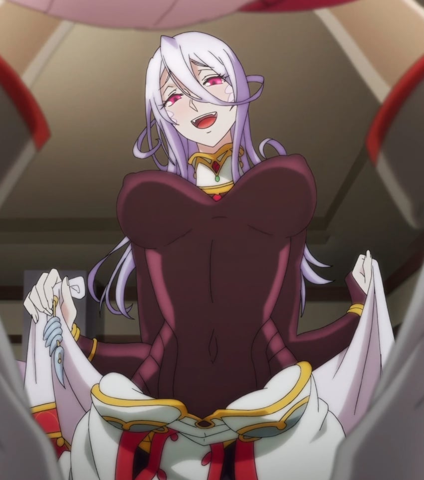 1boy 1girls anime_screencap blush breasts clothing hips lamia large_breasts looking_at_viewer monster_girl monster_musume_no_oisha-san nipples open_mouth pink_eyes puffy_areola puffy_nipples saphentite_neikes scalie screencap skin_tight snake_girl straight tied_hair tummy white_hair z-ton