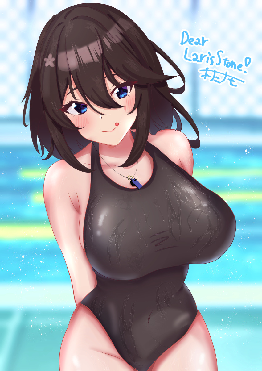 1girls large_breasts medium_hair namohonami one-piece_swimsuit poolside sanae_stone swimsuit teacher wet