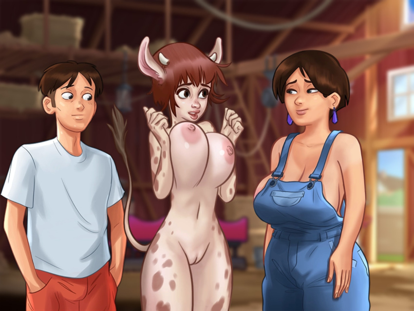 1boy 2d 2girls animal_humanoid areolae barn big_breasts bottomwear bouncing_breasts breasts brown_hair cleavage clothed clothing cow_ears cow_girl cow_horns cow_print curvy curvy_body curvy_female curvy_figure daisy_(summertime_saga) darkcookie diane_(summertime_saga) digital_drawing_(artwork) digital_media_(artwork) ear_piercing earrings female female_focus hay jumping light-skinned_female light-skinned_male light_skin looking_at_another looking_at_partner looking_down main_character_(summertime_saga) male male/female nipples overalls piercing piercings pussy pussy_lips pussy_peek scared shirt shorts shy summertime_saga topwear trio vagina