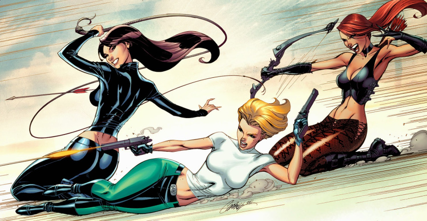 3girls abbey_chase black_elbow_gloves bow_(weapon) cleavage danger_girl danger_girl:_revolver desert_eagle elbow_gloves female female_only fully_clothed green_pants idw_comics j_scott_campbell latex latex_pants medium_breasts no_panties pistol_in_hand pistols secret_agent snake_print sonya_savage sydney_savage tight_clothing whip