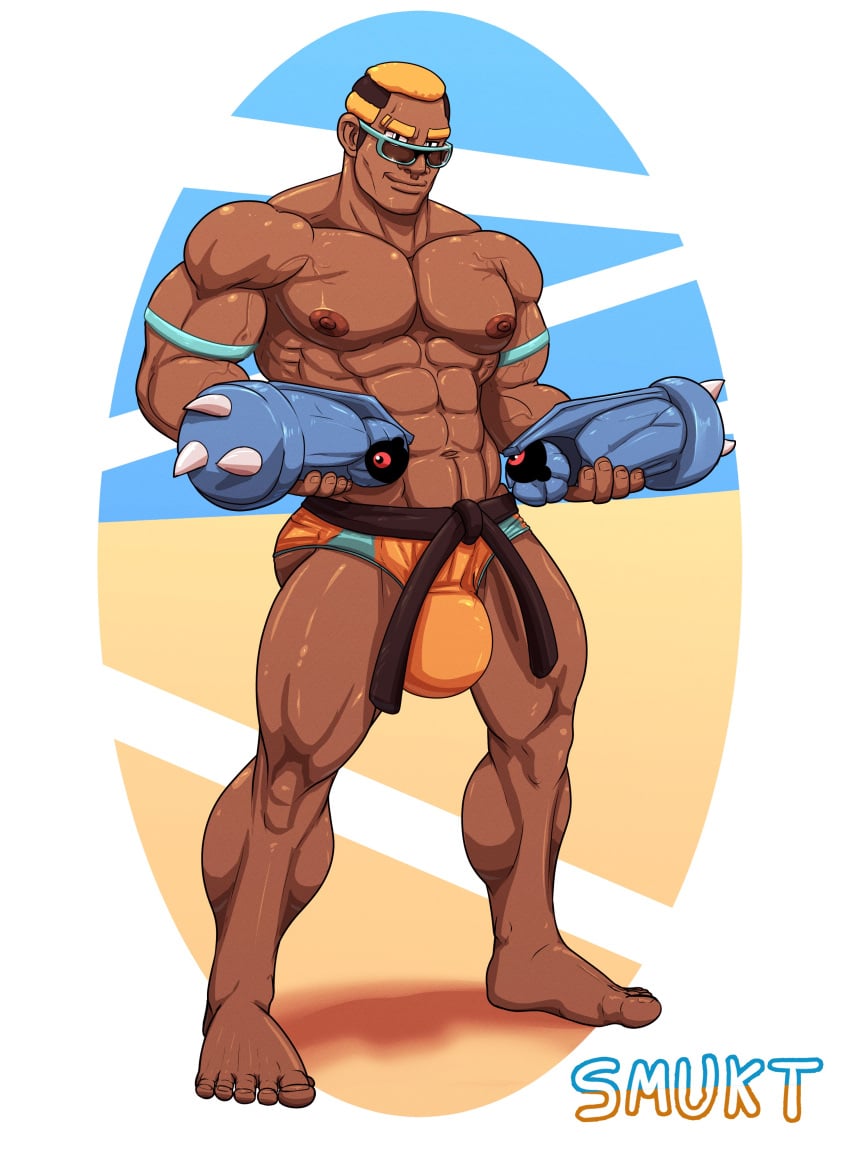 1boy abs barefoot beldum bicep_bracelet big_bulge big_pecs bulge dark-skinned_male flaccid gay karate_belt looking_at_viewer looking_over_eyewear looking_over_glasses looking_over_sunglasses male male_nipples male_only marshal_(pokemon) muscular_arms muscular_calves muscular_male muscular_thighs pecs pokemon pokemon_bw pokemon_bw2 serratus serratus_anterior smukt solo speedo sunglasses tinted_eyewear two_tone_hair underwear veins veiny_arms