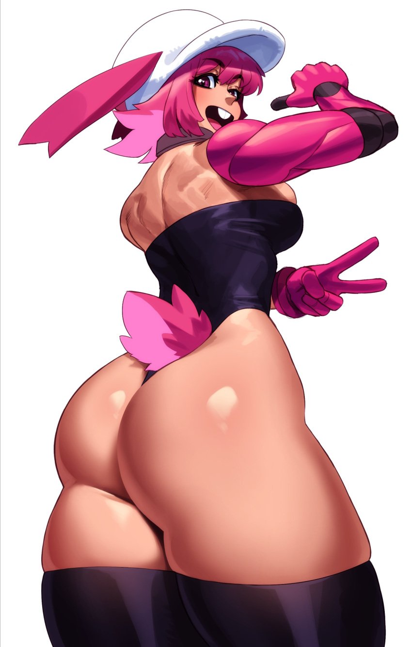 1girls ass black_thighhighs bunny_ears bunny_girl bunny_tail cherry_(zephyr) female female_only hat leotard looking_at_viewer looking_back looking_back_at_viewer open_mouth peace_sign pink_eyes pink_hair robotic_arm smiling smiling_at_viewer solo sotcho thick_thighs thigh_squish thighhighs upper_teeth v v_sign very_high_resolution white_background