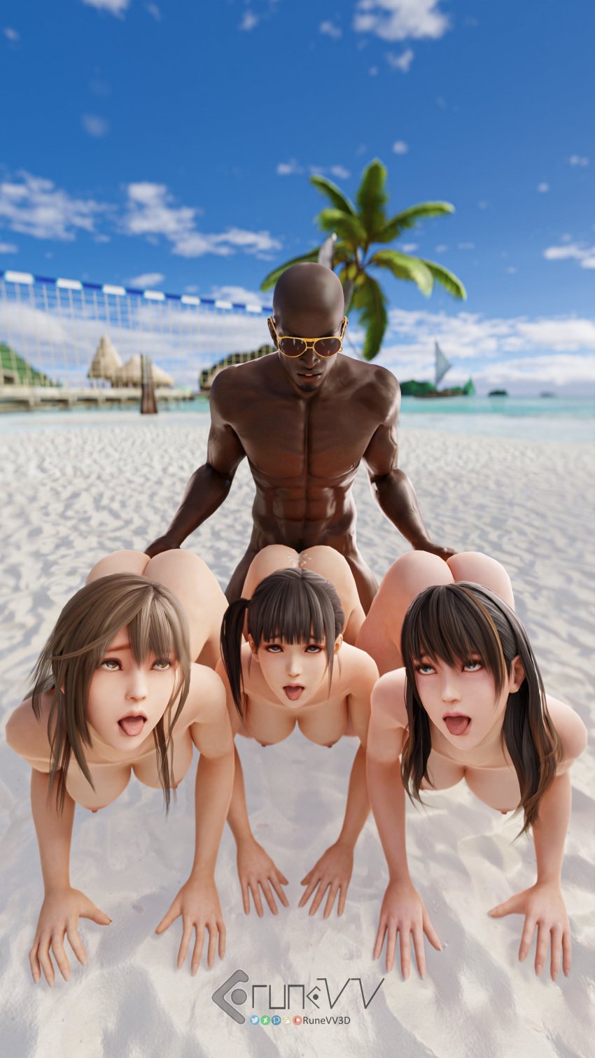 1boy 3d 3girls ahe_gao ass beach black_hair breasts brown_eyes brown_hair dark-skinned_male dark_skin dead_or_alive dead_or_alive_xtreme_venus_vacation female foursome harem huge_ass huge_breasts interracial kissing koharu_(doa) large_ass large_breasts male misaki_(doa) multiple_girls nanami_(doa) nipples penis pink_hair pussy runevv sex straight vagina zack_(dead_or_alive)