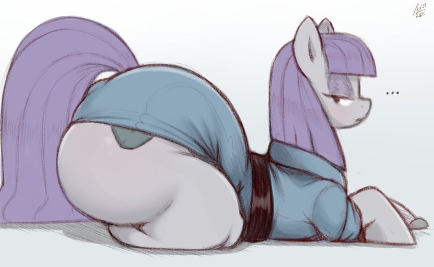 ... 1girls aer0_zer0 big_ass boulder_(mlp) clothed cutie_mark disinterested ellipsis equine female_only feral huge_ass lying_on_stomach maud_pie_(mlp) my_little_pony partially_clothed_female purple_hair side_eye straight_hair text thick_ass unamused waistband white_background