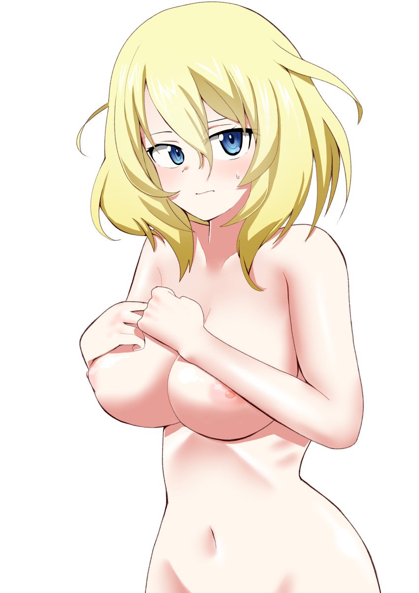 blonde_hair blue_eyes blush covering_breasts female girls_und_panzer navel nipples nude oshida_(girls_und_panzer) shita_(yagisauce_07) solo