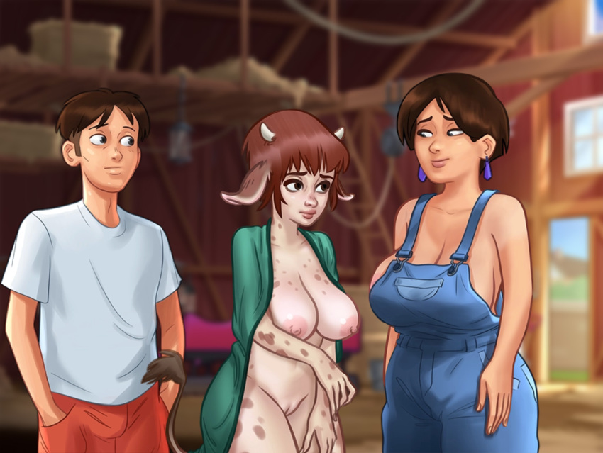 1boy 2d 2girls animal_humanoid areolae barn big_breasts bottomwear breasts brown_hair cleavage clothed clothing cow_ears cow_girl cow_horns cow_print curvy curvy_body curvy_female curvy_figure daisy_(summertime_saga) darkcookie diane_(summertime_saga) digital_drawing_(artwork) digital_media_(artwork) ear_piercing earrings female female_focus hay light-skinned_female light-skinned_male light_skin looking_at_another looking_at_partner looking_down main_character_(summertime_saga) male male/female nipples overalls piercing piercings pussy pussy_lips pussy_peek shirt shorts shy smile smiling summertime_saga topwear towel towel_around_neck trio vagina