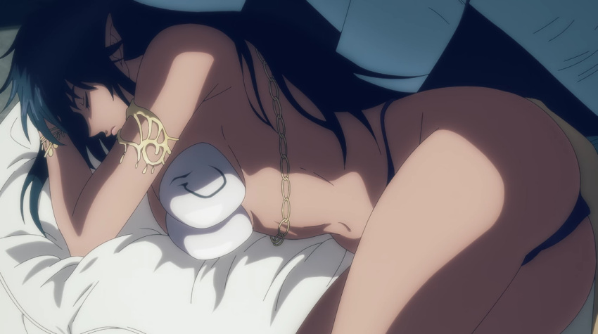 1girl 2023 arshes_nei bandeau_bikini bastard!! bikini dark_elf dark_elf_female dark_skin elf elf_female female female_only harem_girl harem_outfit large_breasts light-skinned_female long_ears long_hair navel revealing_clothes screencap screenshot shounen_jump sleeping solo solo_female