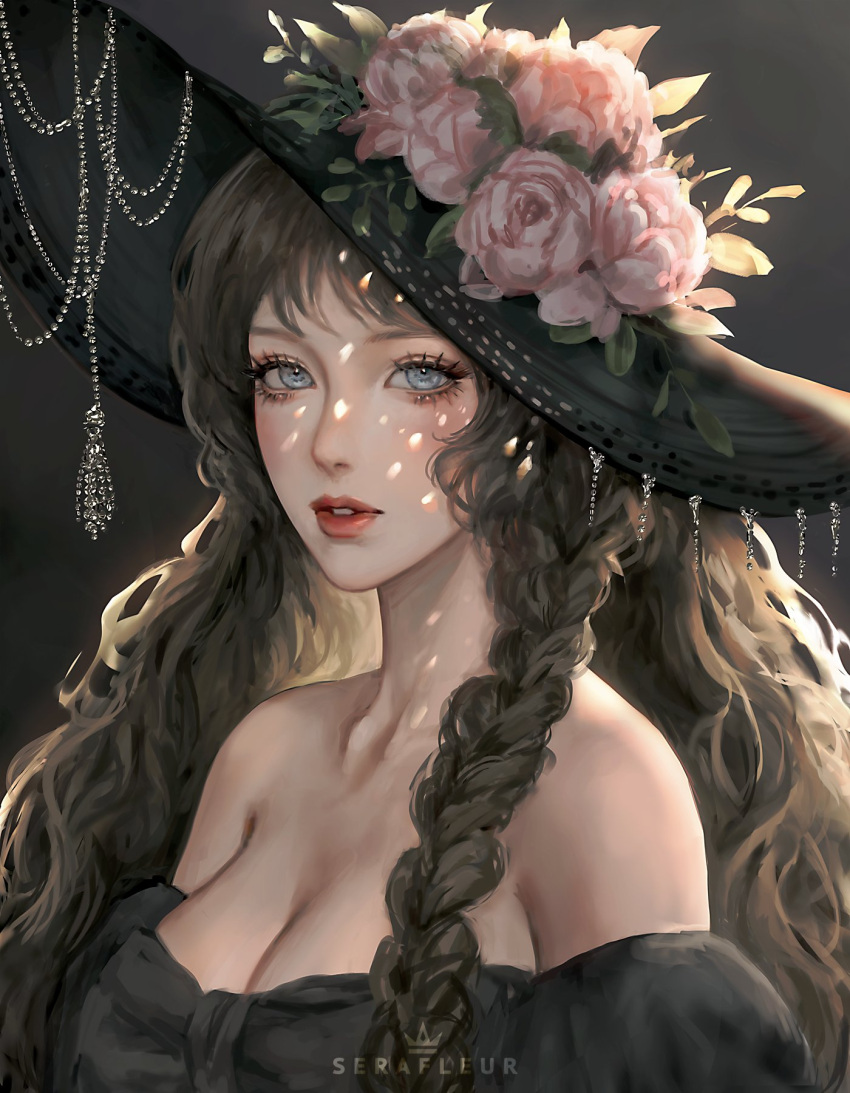 big_breasts braided_hair dark_hair portrait serafleur witch witch_hat