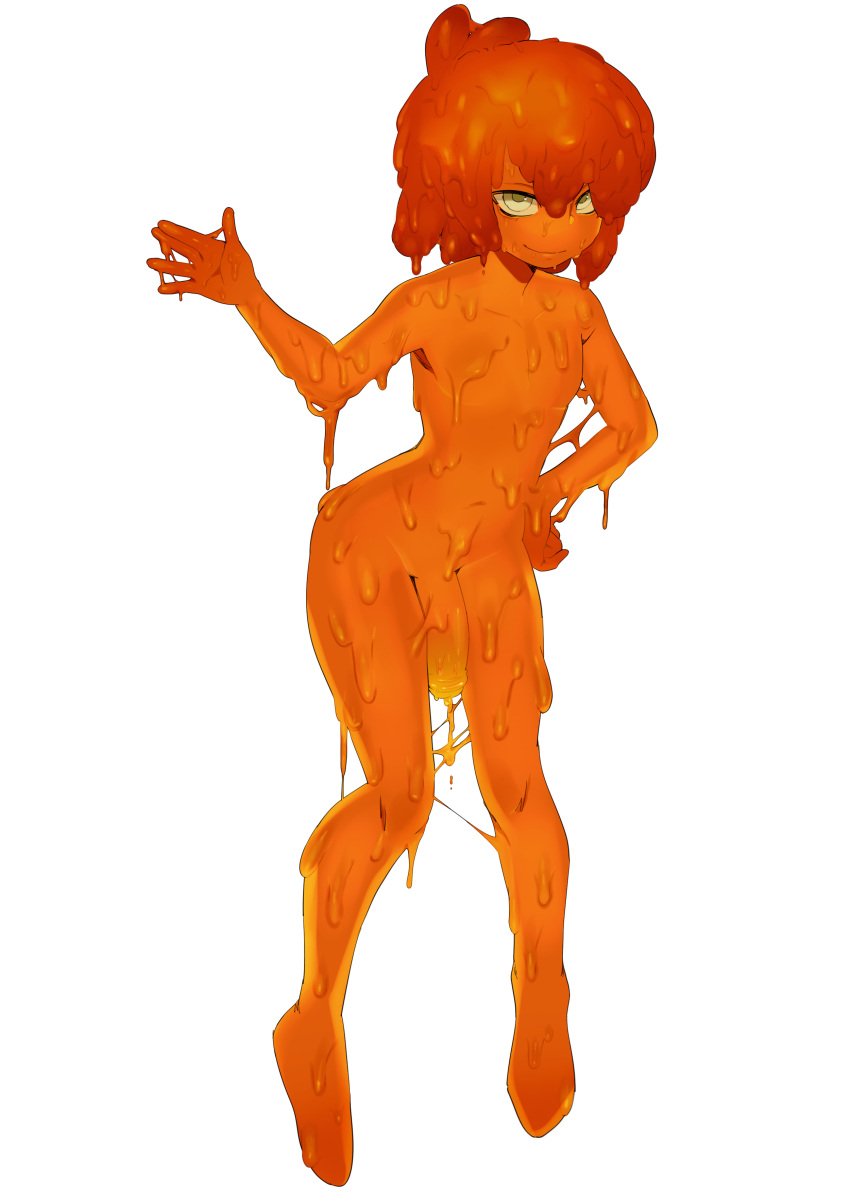 absurd_res big_hair goo_creature goo_humanoid hi_res humanoid male non-human orange_body r18 shaded simple_background simple_shading skinny slime solo sticky white_background