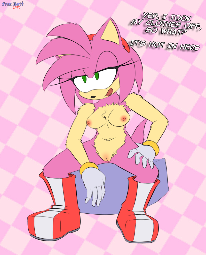 1girls amy_rose boots bracelet breasts dialogue female frost_norde frostnord gloves mostly_nude pussy sitting small_breasts sonic_(series) sonic_the_hedgehog_(series)