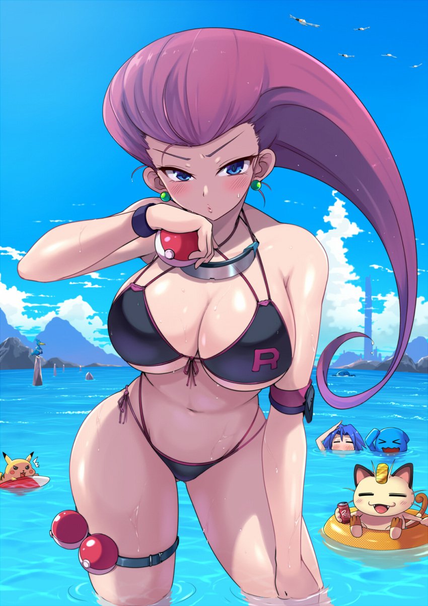 1girls 1male artist_name beach bikini bikini_bottom bikini_top black_bikini blush breasts cleavage earrings female human james_(pokemon) jessie_(pokemon) kasai_shin long_hair looking_at_viewer meowth pikachu pink_hair pokeball pokemon pokemon_(species) possible_duplicate purple_hair red_fur red_hair sweatdrop swimsuit team_rocket thick_thighs water wide_hips wobbuffet