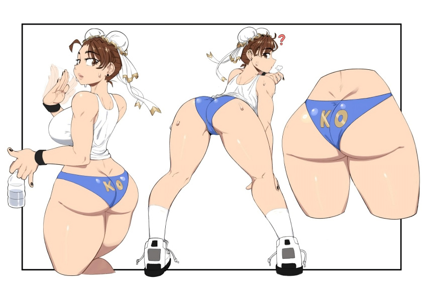 1girls ass_cleavage bent_over big_ass big_butt brown_hair bun_hair butt_crack capcom chun-li dat_ass fanning_self female looking_back mossy_(artist) official_mossy panties short_shorts street_fighter sweat thick_thighs wide_hips