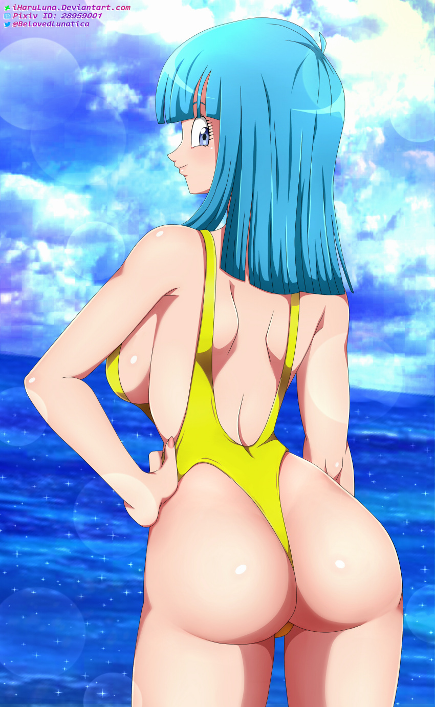 1girls ass back back_view backboob big_ass blue_eyes blue_hair breasts canonical_scene cleavage dragon_ball dragon_ball_z female female_only hair hand_on_hip hips iharuluna_(artist) long_hair looking_back maron one-piece_swimsuit smile solo solo_female swimsuit swimwear thighs wide_hips yellow_swimsuit