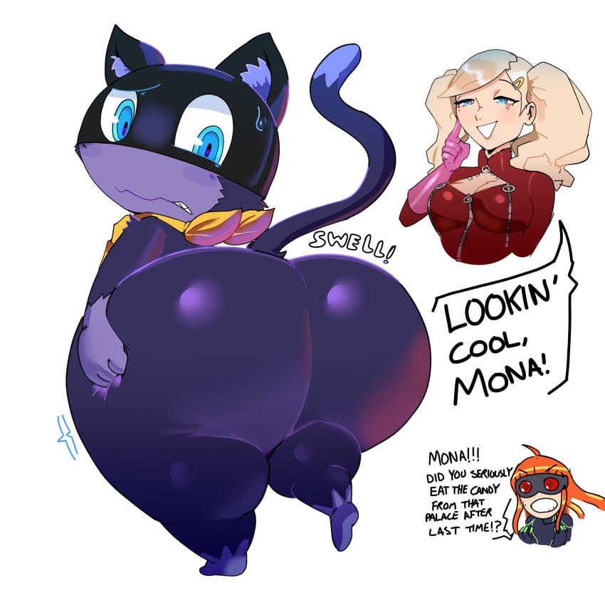 1:1 absurd_res accessory ann_takamaki anthro ass ass_expansion atlus big_ass big_butt biped black_body black_fur black_pupils blue_eyes blueberry_inflation bodysuit butt_expansion butt_focus clothing dialogue dipstick_tail domestic_cat english_text exclamation_point expansion felid feline felis female fur gloves_(marking) group hair_accessory hairclip hi_res huge_ass huge_butt human leg_markings looking_back male male_focus mammal markings mask megami_tensei megami_tensei_persona morgana_(persona) neckerchief nuumatic onomatopoeia pale_skin persona persona_5 phantom_thief_suit pupils sakura_futaba sega skinsuit socks_(marking) sound_effects speech_bubble tail tail_markings text thick_thighs tight_clothing trio white_body white_fur wide_hips worried