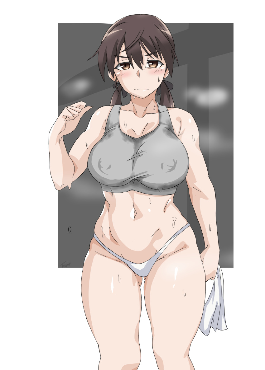 1girls asymmetrical_breasts big_breasts brown_hair female female_only gertrud_barkhorn large_breasts looking_at_viewer solo strike_witches sweat sweat_stain tavor_(m_tavor) tummy twintails world_witches_series