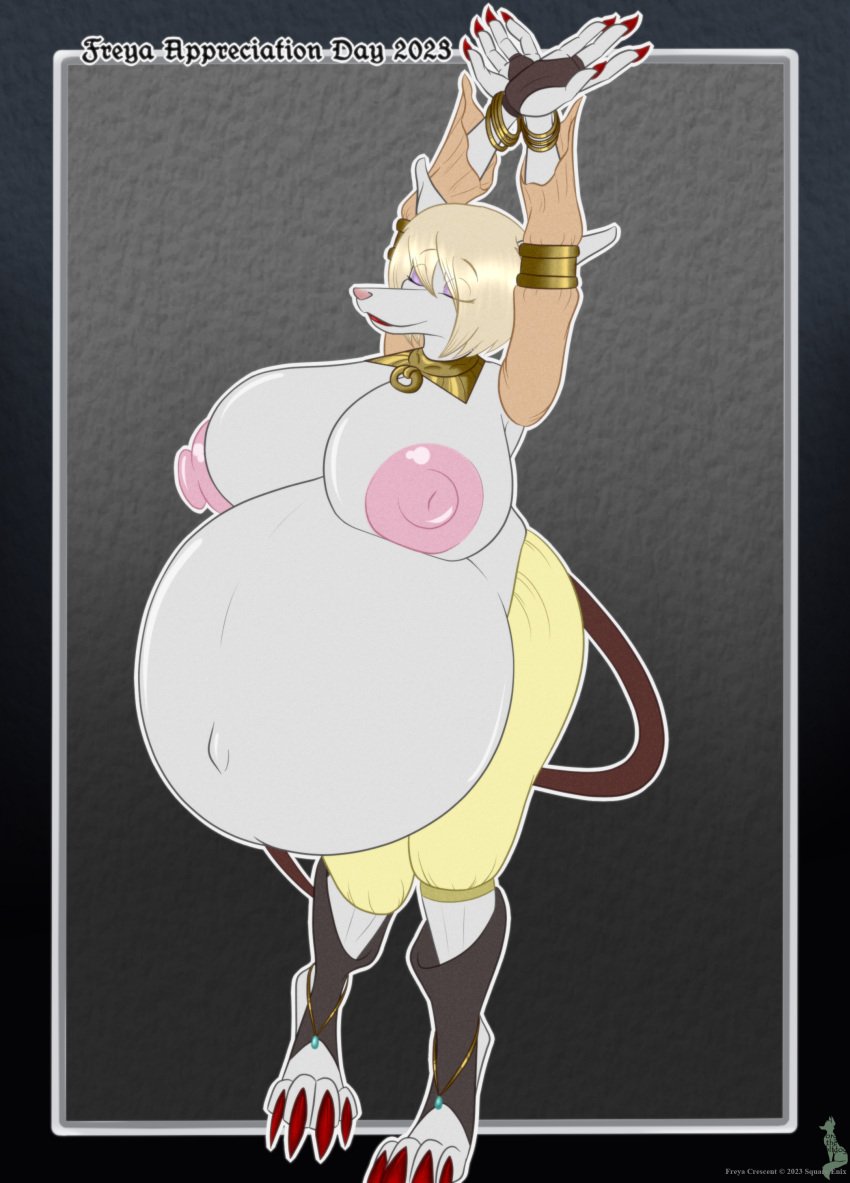 absurd_res anthro belly big_belly big_breasts breasts burmecian closed_eyes clothed clothing dancing digital_media_(artwork) female final_fantasy final_fantasy_ix freya_crescent hair hands_above_head hi_res huge_breasts hyper hyper_belly jorge-the-wolfdog mammal nipples pregnant pregnant_female rodent solo square_enix thick_thighs