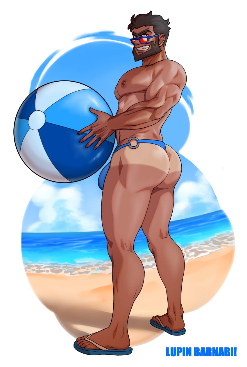 archie_(pokemon) back_view bara bara_tiddies bara_tits beach beach_ball beard big_ass big_butt big_pecs bubble_ass bubble_butt bulge dark_hair flaccid g-string gay looking_at_viewer looking_back_at_viewer lupin_barnabi male male_focus male_only muscular_arms muscular_male muscular_thighs pecs pokemon pokemon_oras pokemon_rse sandals shoreline solo solo_male speedo sunglasses swimwear tan_line tan_skin team_aqua thong