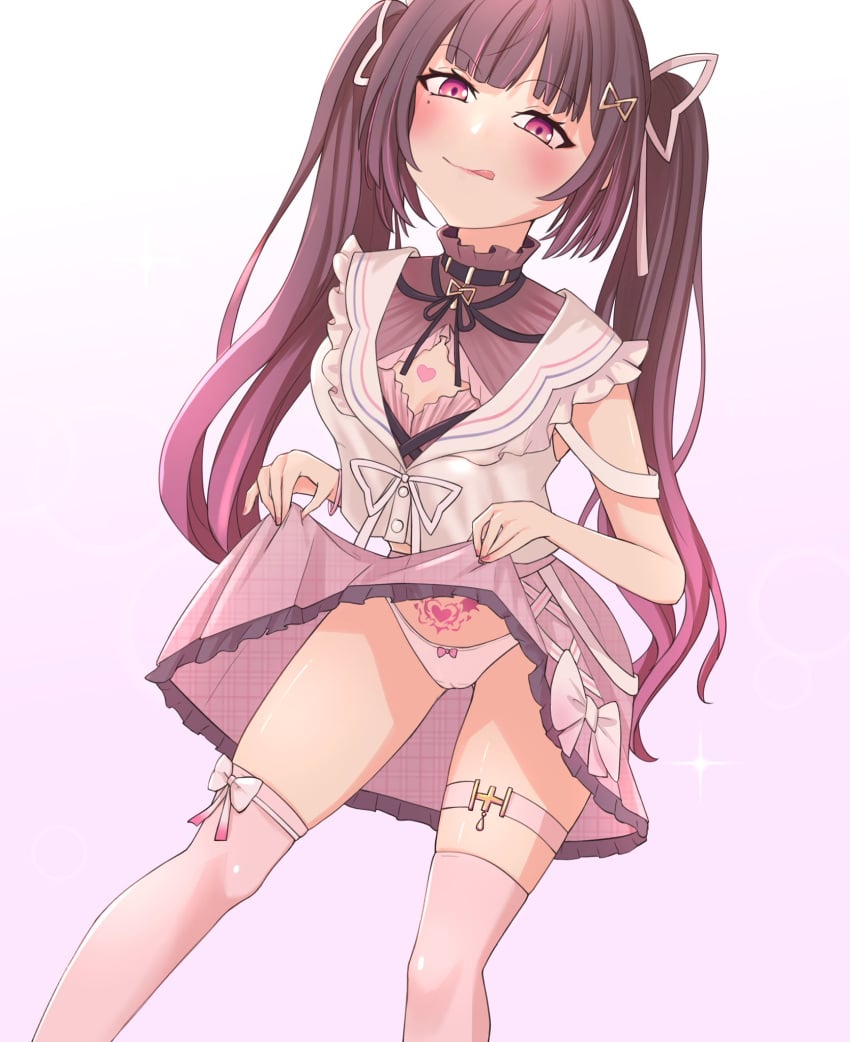 1girls blush brown_hair clothed clothing degenren female female_only hair_ornament himemiya_rie licking_lips light-skinned_female light_skin looking_at_viewer panties pantyshot phase_alias phase_connect pink_eyes presenting_panties pubic_tattoo solo tattoo twintails virtual_youtuber white_panties