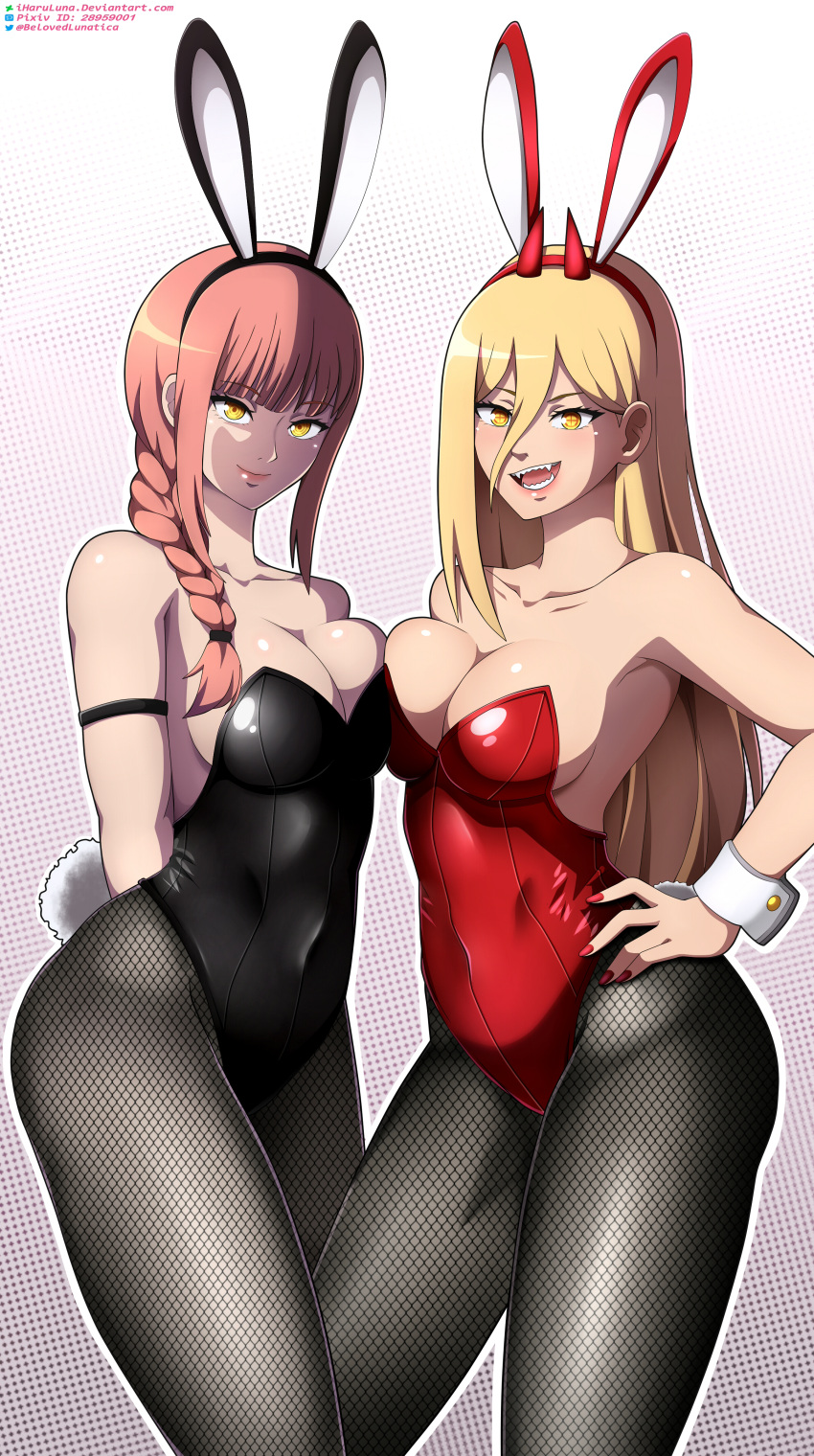 2girls big_breasts black_bunnysuit blonde_hair braid breast_to_breast breasts bunny_ears bunny_tail bunnysuit chainsaw_man cleavage demon demon_girl demon_horns fake_animal_ears fake_tail fangs female female_only fishnet fishnet_legwear fishnets hair hand_on_hip hips horns huge_breasts iharuluna_(artist) lips long_hair makima_(chainsaw_man) nail_polish nails power_(chainsaw_man) red_bunnysuit red_hair red_horns red_nail_polish red_nails sharp_teeth tail wide_hips yellow_eyes