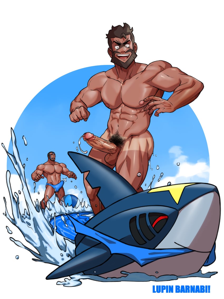 abs archie_(pokemon) balls bara_tiddies bara_tits beach_ball beard big_pecs boner brown_hair brown_skin cum cum_string erection erection_under_clothes fully_nude lupin_barnabi male male_nipples male_only matt_(pokemon) muscular_arms muscular_male muscular_thighs nude pecs pokemon pokemon_oras pokemon_rse pubic_hair sharpedo sky speedo surfing tan tan_line team_aqua testicles v-line veins veiny_penis