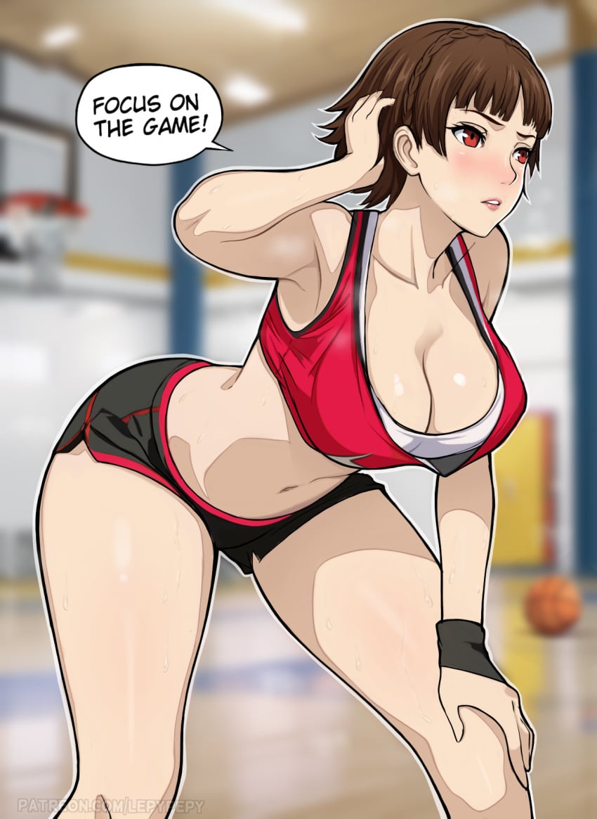 1girls alternate_breast_size atlus booty_shorts breasts brown_hair cleavage dialogue english_text female huge_breasts leaning_forward lepypepy light-skinned_female makoto_niijima persona persona_5 red_eyes short_brown_hair short_dark_hair short_hair short_shorts shorts sports_bra sportswear sweat sweaty_body