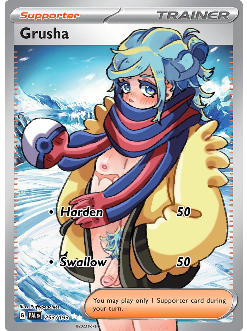 1boy artist_name card card_edit cherubicchubs dick femboy grusha_(pokemon) male male_only naked_coat pokemon pokemon_card pokemon_sv pokemon_trading_card_game pubic_hair scarf scarf_over_mouth top_surgery_scars trading_card