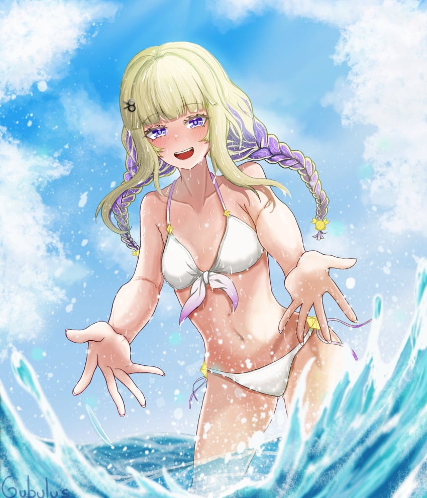 1girls amanogawa_shiina belly_button bikini blonde_hair blush breasts clouds eyebrows_visible_through_hair female female_only gubulus light-skinned_female light_skin outside phase_alias phase_connect purple_eyes purple_hair sky small_breasts solo swimsuit two_tone_hair virtual_youtuber water white_bikini