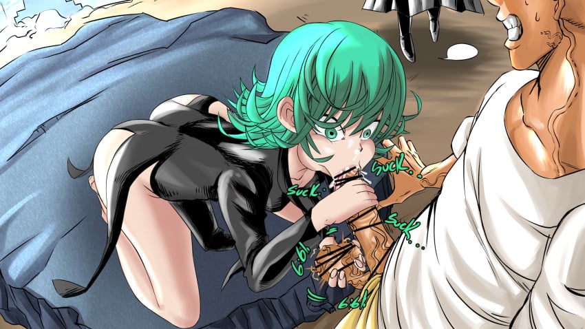 :>= ballbusting big_ass big_balls big_penis blowjob cbt censored cock_and_ball_torture female green_eyes green_hair one-punch_man saitama small_breasts smaller_male squeezing_testicles sucking sucking_penis surprise_party tatsumaki