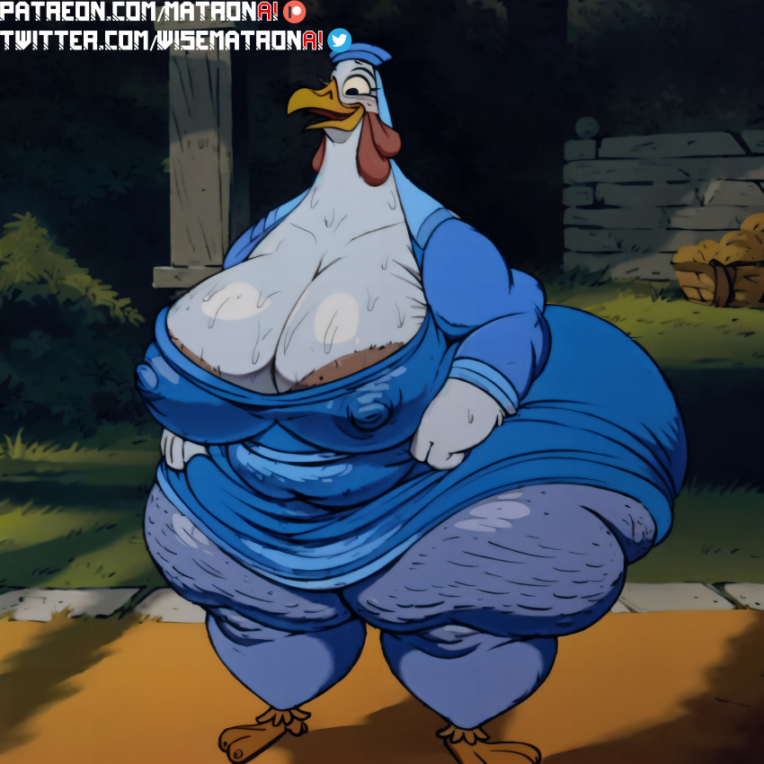 4k ai_generated ass bbw big_ass big_butt blue_dress chicken cleavage disney dress highres holding_breast lady_kluck large_breasts matronai_(artist) mature mature_female old old_woman overweight overweight_female pinup robin_hood_(disney) ssbbw stable_diffusion wide_hips