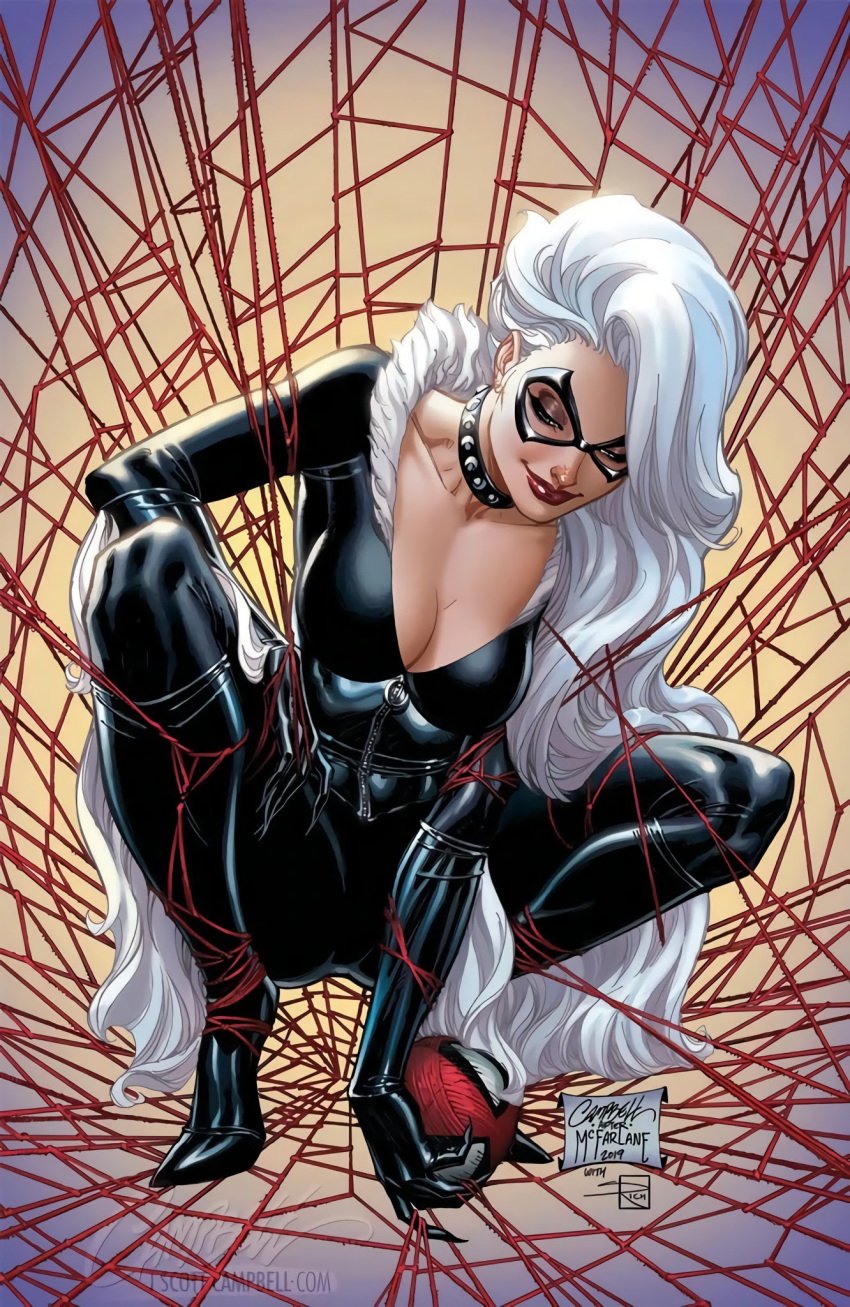 1girls ball_of_yarn black_bodysuit black_cat_(marvel) black_collar blue_eyes bodysuit caught_in_web cleavage collar domino_mask felicia_hardy female female_only fully_clothed fur_trim half-closed_eyes j_scott_campbell large_breasts latex_catsuit long_hair looking_down marvel mascara red_lips red_lipstick sabine_rich signature solo spider-man_(series) spider-man_head spider_web squatting studded_collar tight_clothing very_long_hair white_hair yarn zipper_pull_tab