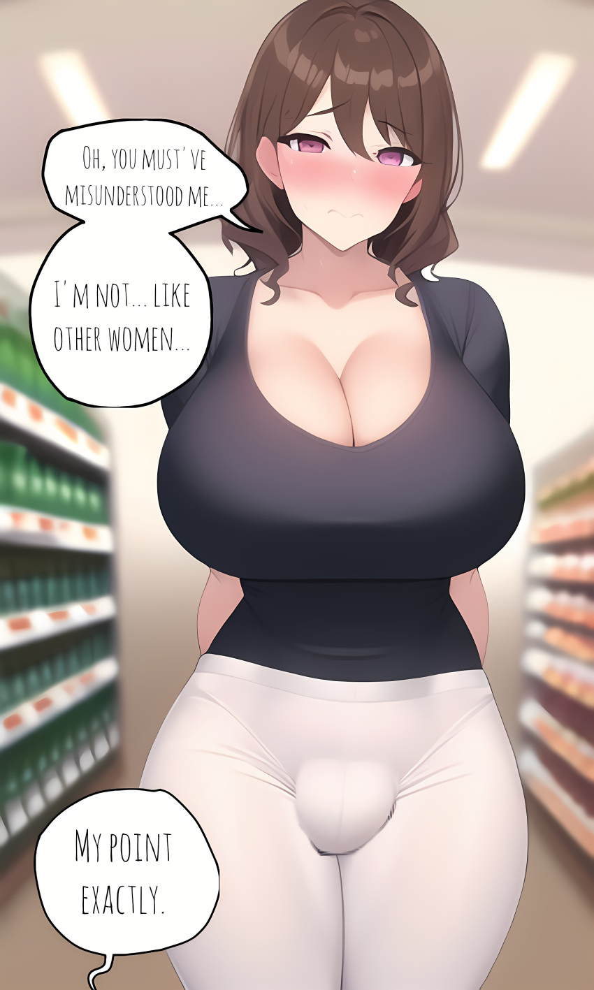 1futa ai_generated amy_(xdk141) blush brown_hair bulge bulge_through_clothing cleavage clothed curvaceous curvy futanari futasub large_breasts male_on_futa milf novelai pink_eyes pov public xdk141