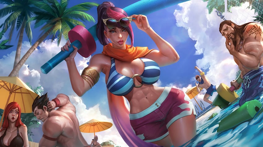 3boys 3girls abs alternate_breast_size ashe_(league_of_legends) bikini blue_eyes bulge darius_(league_of_legends) drooling edit fiora_laurent garen_crownguard huge_breasts huge_muscles katarina_du_couteau large_breasts league_of_legends licking_lips looking_at_viewer lustful_gaze muscular muscular_female muscular_male official_artwork_edit penis_bulge ponytail pool_party pool_party_fiora pool_party_series raised_eyebrow red_hair riot_games shorts sunglasses sunglasses_on_head sutton184_edits swimsuit thick_lips thick_thighs third-party_edit tryndamere two_tone_hair wide_hips