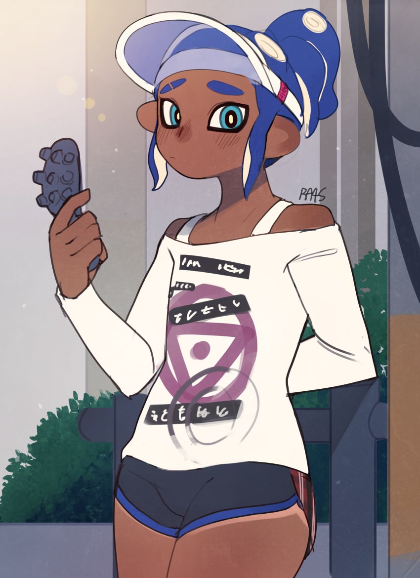 1boy alternate_version_available blue_eyes blue_hair booty_shorts dark-skinned_femboy dark-skinned_male dark_skin femboy gay girly looking_at_viewer male male_only octoling octoling_boy ponytail ra4s solo solo_focus splatoon splatoon_3 tanline visor visor_cap