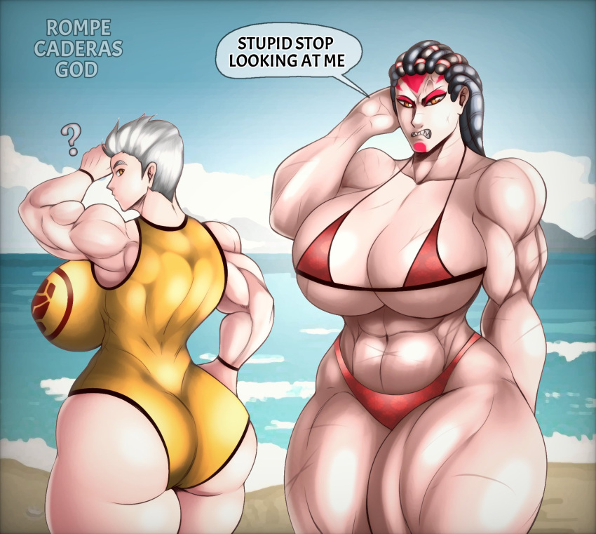 2girls angron big_ass big_breasts bikini butcher's_nails dialogue english_text female female_only female_space_marine imperial_fists_(space_marine) imperium_of_man multiple_girls muscular muscular_female nightmare_waifu post-human primarch rogal_dorn rompecaderasgod rule63 rule_63 speech_bubble text warhammer_(franchise) warhammer_40k world_eaters