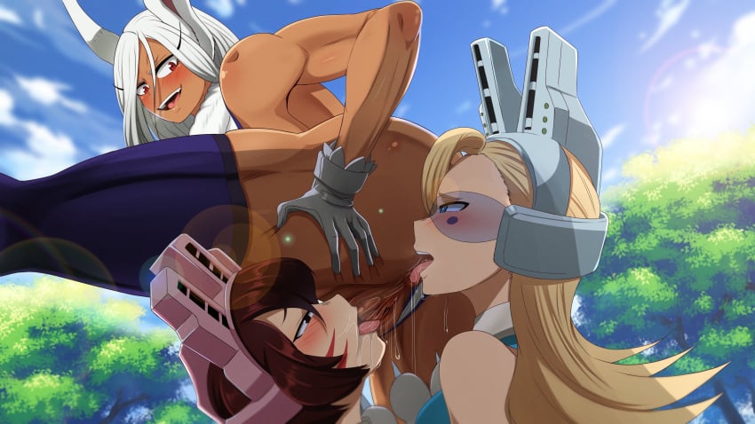 3girls anilingus anus blonde_hair brown_hair cunnilingus doublelingus facial_markings female female_only forest gloves leg_up lesbian_sex licking licking_anus licking_pussy mandalay miruko multiple_girls muscular muscular_female my_hero_academia oral oral_sex outdoors pixie_bob pussy pussy_juice pussy_juice_drip rabbit_ears rimming rumi_usagiyama ryuuko_tsuchikawa shino_sousaki spread_legs spread_pussy standing the_amazing_gambit thick_thighs tongue tongue_out tree trees tsuchikawa_ryuuko white_hair yuri