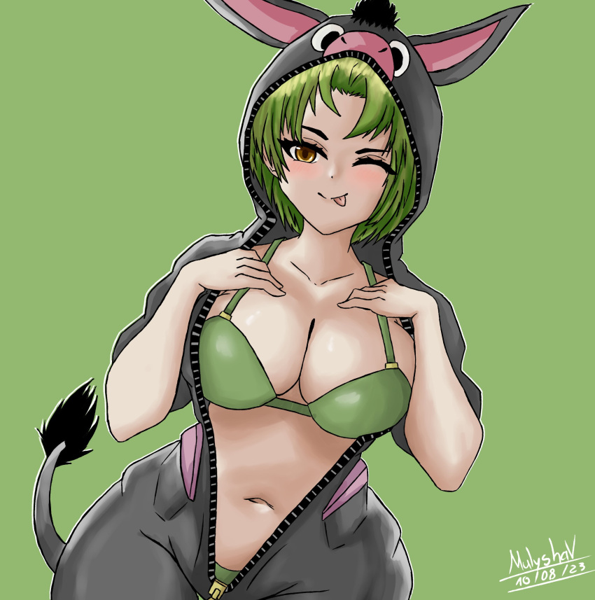 1girls animal_hood animal_tail artist_name artist_signature big_breasts big_chest bra brown_eyes burrita colombian donkey donkey_girl donkey_hood donkey_tail female female_focus fingerless_gloves green_bra green_nails green_panties hand_over_breast hispanic hispanic_virtual_youtuber indie_virtual_youtuber latam_virtual_youtuber light-skinned_female light_skin mulyshav one_eye_closed panties ryumi ryumivt short_hair signature smile smiling solo solo_female tongue_out twitch twitch.tv virtual_youtuber vtuber yellow_eyes youtube youtube_hispanic zipper zipper_down