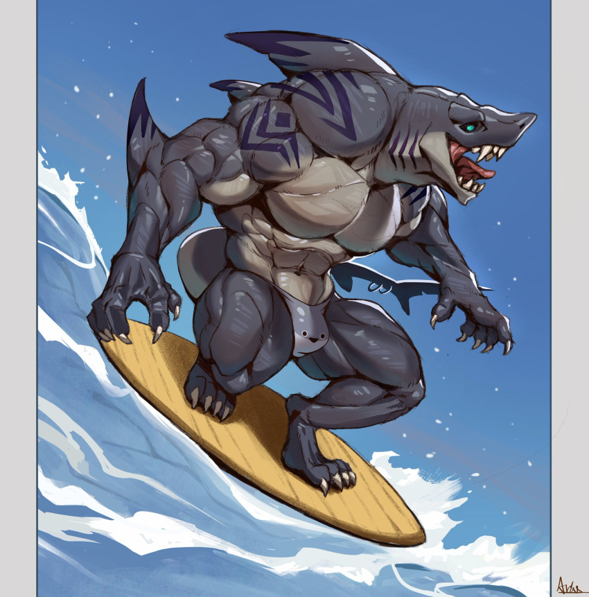 abs ariswuffo biceps male muscles muscular muscular_arms muscular_legs muscular_male muscular_thighs pecs shark speedo surfboard surfing water