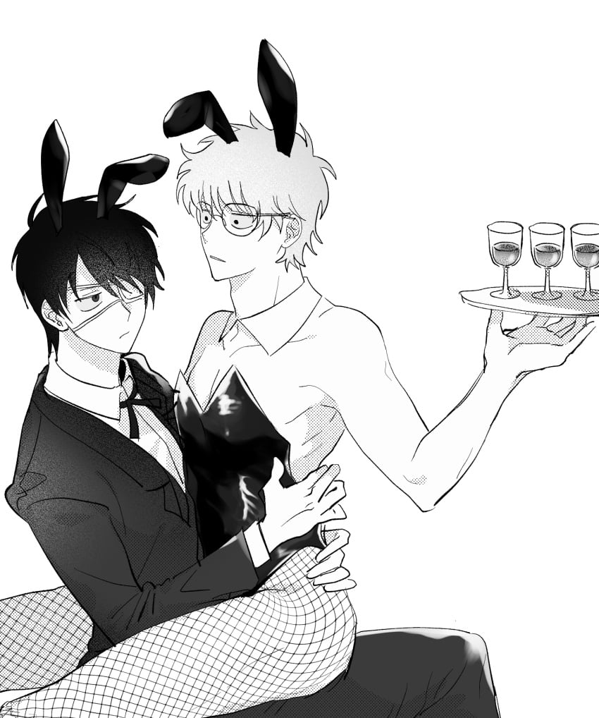 2boys bunny_boy bunny_ears bunnysuit class_3-z crossdressing detached_collar eye_patch fishnets fully_clothed gay gintama gintoki_sakata glasses looking_at_another male male_only male_playboy_bunny monochrome screentone senseini sitting_on_lap sitting_on_person suit takasugi_shinsuke tray waist_grab wine wine_glass yaoi