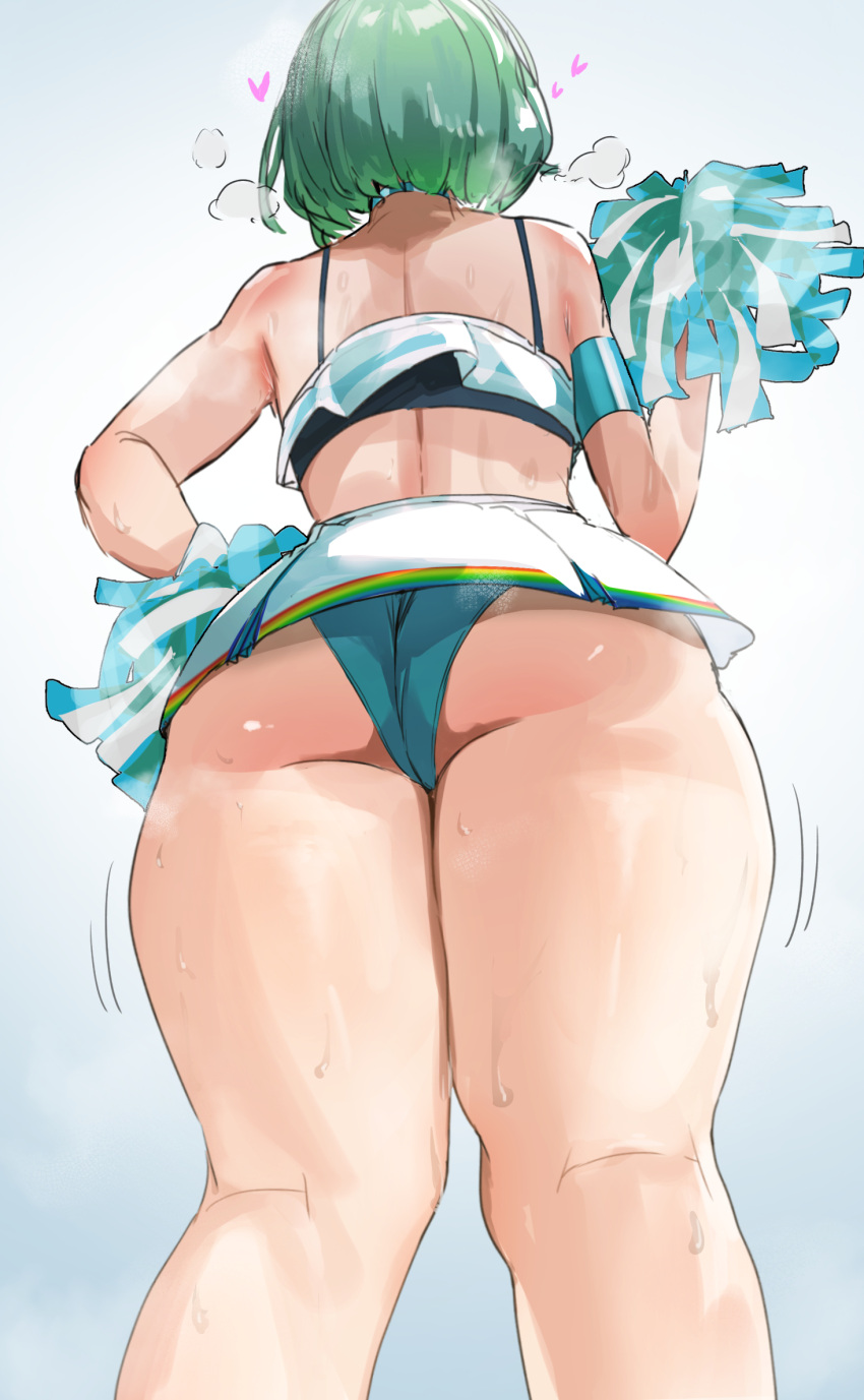 ass bare_shoulders cheerleader crop_top female from_behind from_below green_hair green_panties hand_on_own_hip heart highres i_kitsugi kitakoji_hisui kitakouji_hisui kneepits microskirt midriff nijisanji panties pom_pom_(cheerleading) shirt short_hair skirt solo sweat thick_thighs thighs underwear virtual_youtuber white_shirt white_skirt