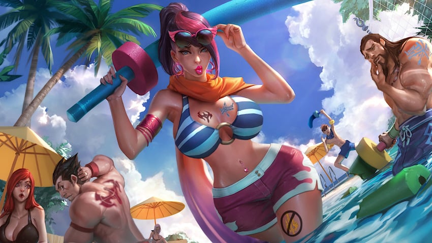 3boys 3girls abs alternate_breast_size ashe_(league_of_legends) belly_button_piercing bikini bimbo bimbo_lips blue_eyes bulge darius_(league_of_legends) drooling earrings edit fiora_laurent garen_crownguard huge_breasts huge_muscles katarina_du_couteau large_breasts league_of_legends licking_lips lip_piercing lipstick looking_at_viewer lustful_gaze muscular muscular_female muscular_male nose_ring noxus_tattoo official_artwork_edit penis_bulge pink_lipstick ponytail pool_party pool_party_fiora pool_party_series puckered_lips raised_eyebrow red_hair riot_games shorts slut sunglasses sunglasses_on_head sutton184_edits swimsuit tattoo tattoos thick_lips thick_thighs third-party_edit tryndamere two_tone_hair wide_hips